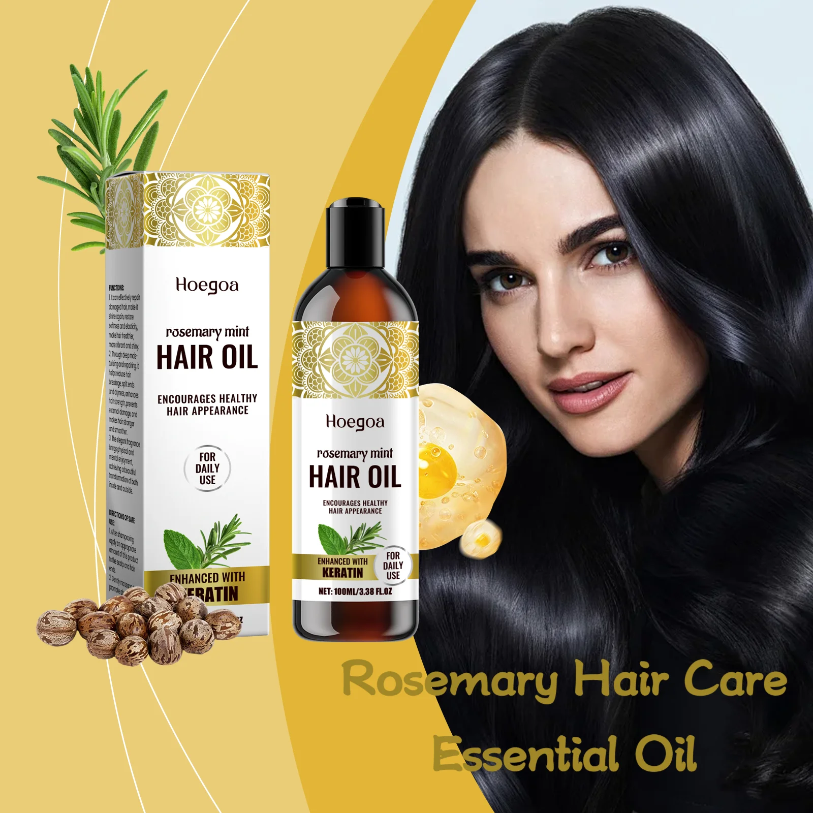 Hoegoa 100ml Rosemary Hair Oil Smooth and Nourish Scalp Massage Improves Forking, Moisturizes and Anti Curls Hair Essential Oil