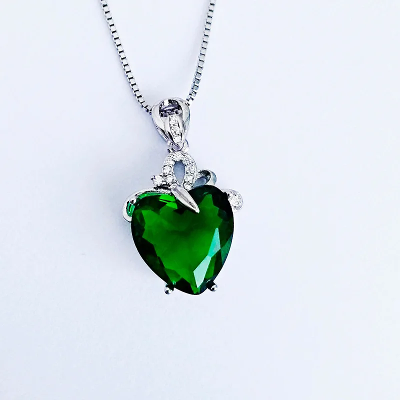 HuiSept 925 Silver Jewelry Necklace Heart Shape Emerald Zircon Gemstone Pendant for Women Wedding Engagement Party Accessories - Image 2