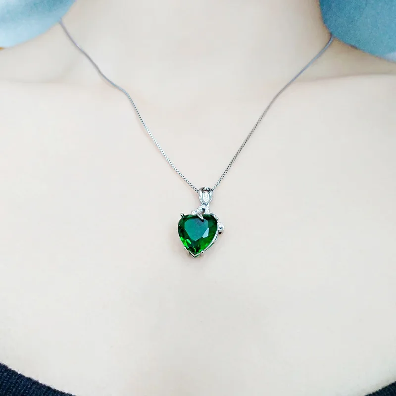 HuiSept 925 Silver Jewelry Necklace Heart Shape Emerald Zircon Gemstone Pendant for Women Wedding Engagement Party Accessories - Image 4