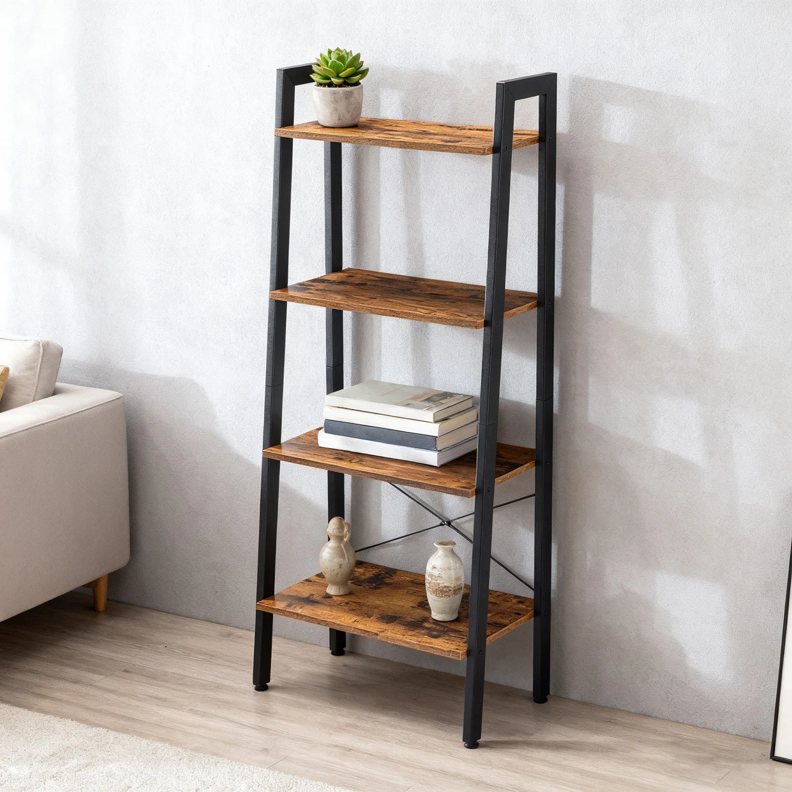 JHK 4-Tier Display Bookshelf Wooden Storage Standing Shelf Stable Frame Graduated Shelves for Organized Display for Living Room - Image 2