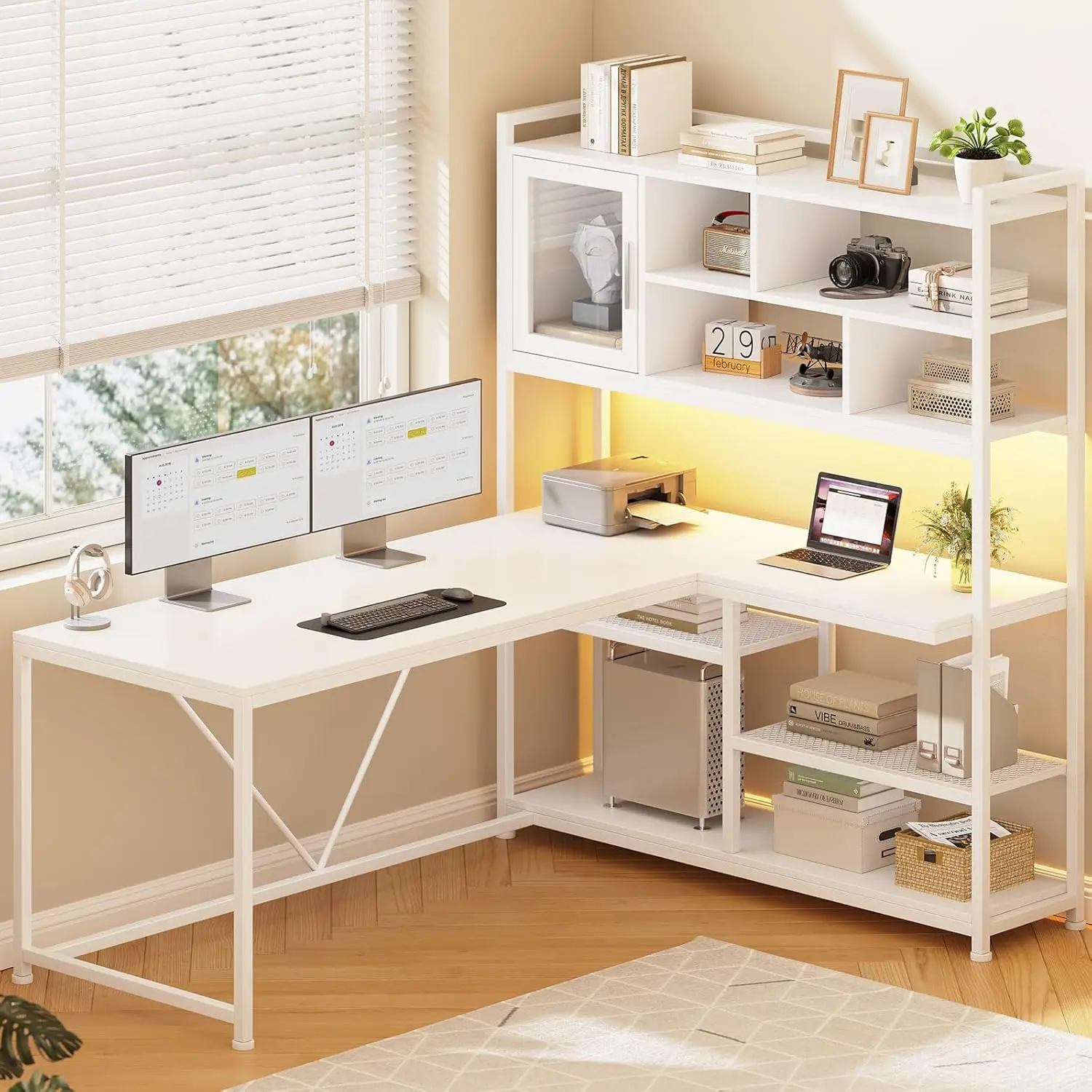 L Shaped Computer Desk, 58'' Office Desk with LED Light and Bookshelf, L Shaped Corner Desk with Storage Shelves, Customized - Image 8