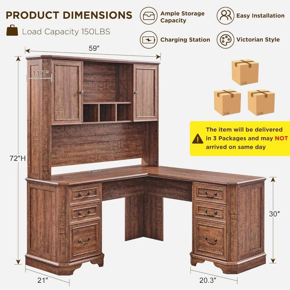 59" L Shaped Executive Desk with Hutch,Farmhouse Wood Computer Desk, Featuring Charging Station,File Drawer, Storage Cabinet,fo - Image 2