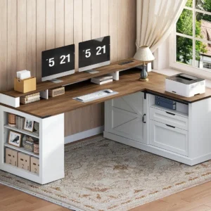 L Desk Drawers File Cabinet Monitor Stand Power Strip Corner Computer Home Office 53in White Walnut, Customized