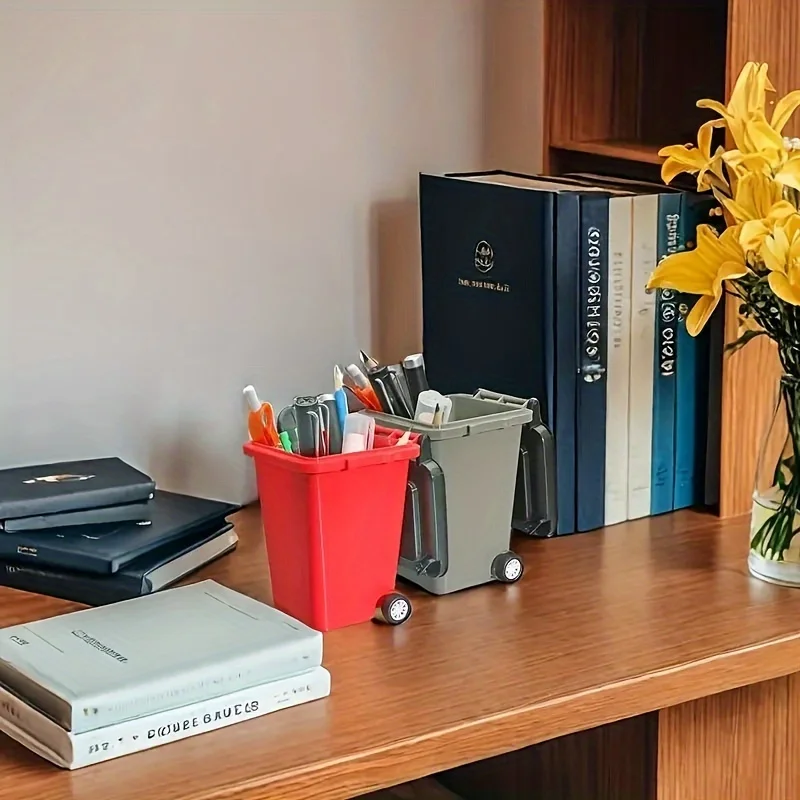 1pc Portable Mini Office Desk Trash Bin Pen Holder - Office Supplies Storage - Image 2