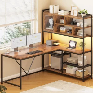 L Shaped Computer Desk, 58'' Office Desk with LED Light and Bookshelf, L Shaped Corner Desk with Storage Shelves, Customized