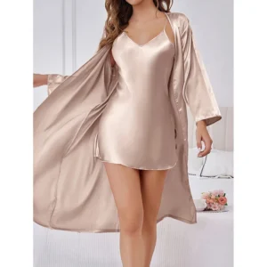 Ladies Two Piece Premium Sleepwear Set Simple Solid Color Design Sensual Short Chemise with Long Loose Robe and Sash