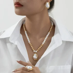 4PCS Retro Elegant Irregular Artificial Earrings Necklace Ring Set, Perfect for Women's Daily Wear Party Gift
