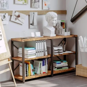 Bookshelf Double Wide 55 in 3-Tier, Industrial Bookcases, Wood and Metal Bookshelves, Book Shelves for Home Office, Customized