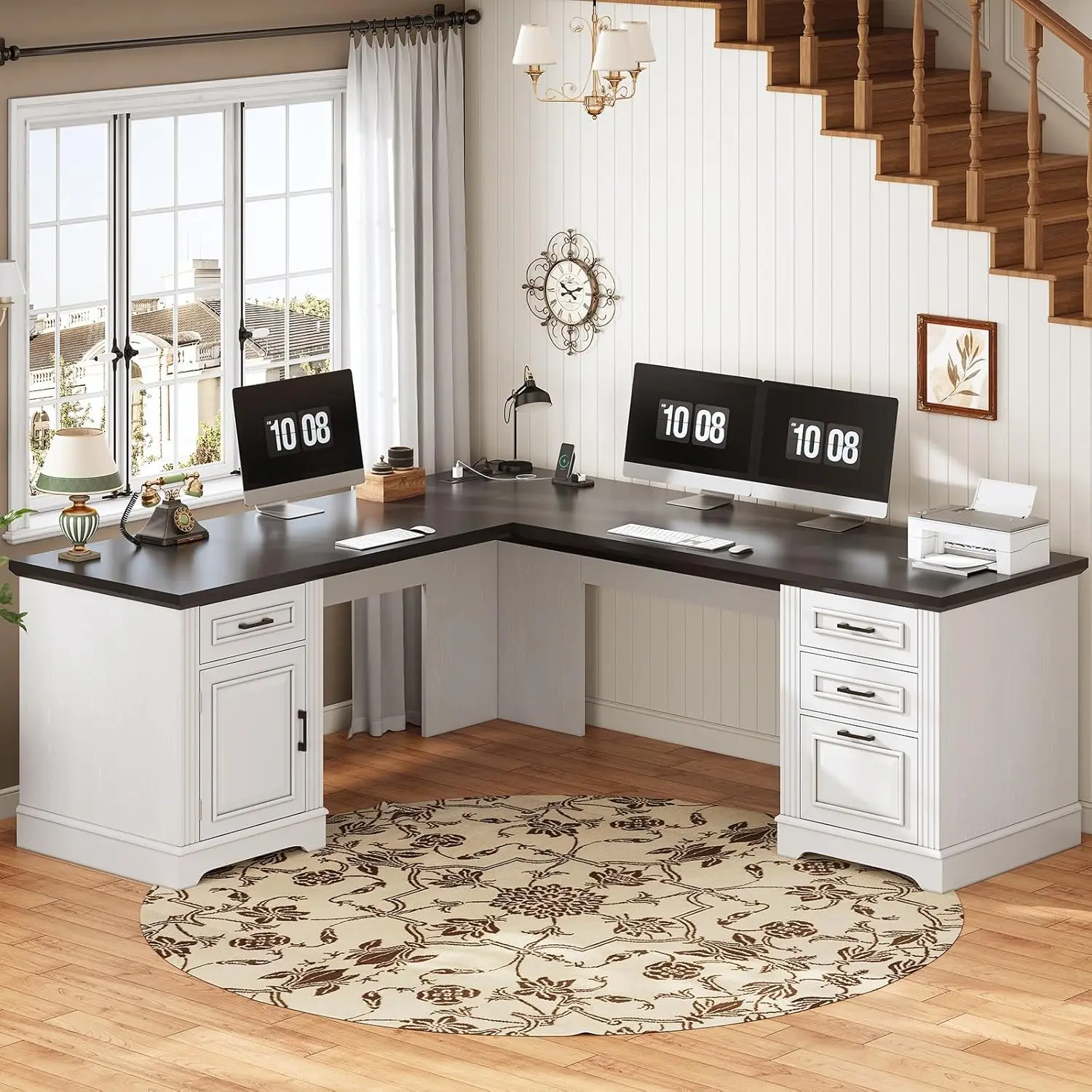 69" L Shaped Desk With Drawers Storage File Cabinet Power Outlet Home Office Grey, Customized - Image 8