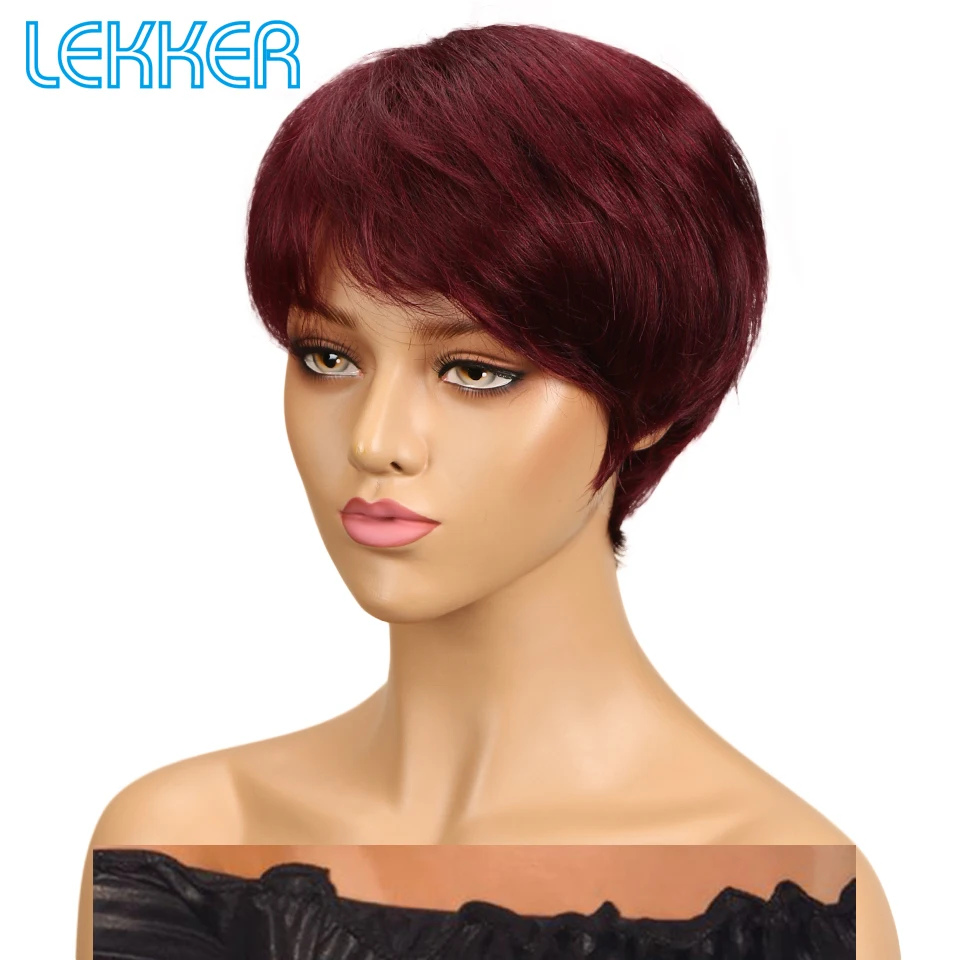 Lekker Colored Short Pixie Cut Straight Bob 100% Human Hair Wigs With Bangs For Women Brazilian Remy Hair Burgundy Red Clearance - Image 4