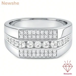 Newshe GRA Certified Full Moissanite Rings for Men Designed Wedding Band White Gold Plated Jewelry