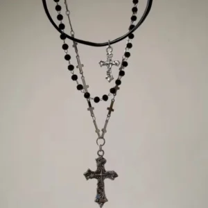 Gothic Punk Style Y2k Bead Cross Pendant Necklace, 3 Pieces/set, Women's Multi-layer Retro Trendy Accessory Jewelry