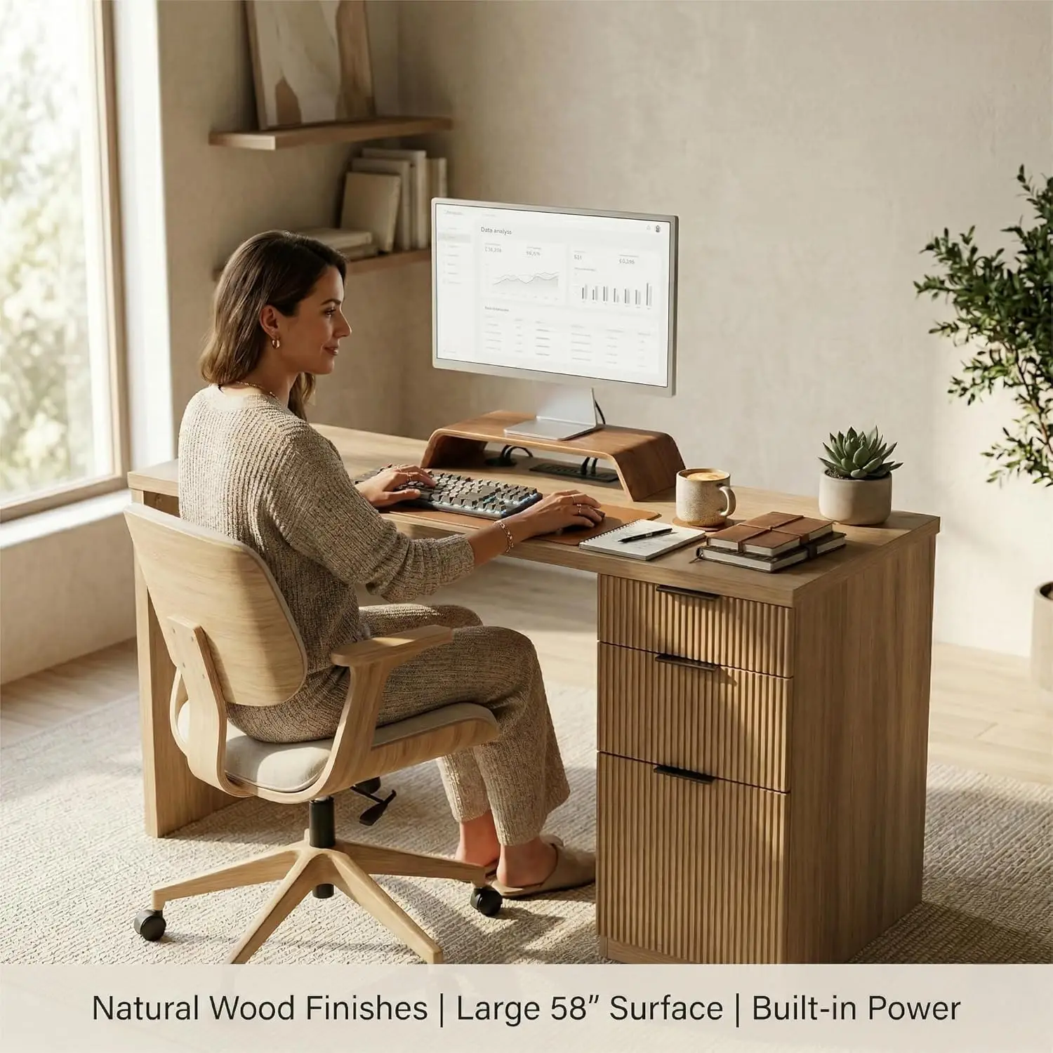 58" Executive Desk with Outlet, File Cabinet & 3 Drawers, Office Workstation Oak, Customized - Image 4