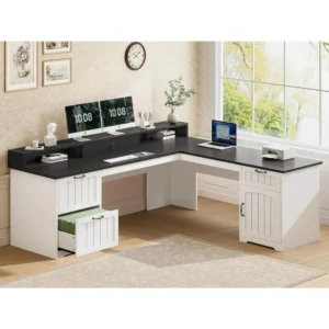 63-inch L-Shaped Desk with Drawers, Office Desk with File Storage, Wooden Computer Desk with Storage, Home Office Desk with Moni
