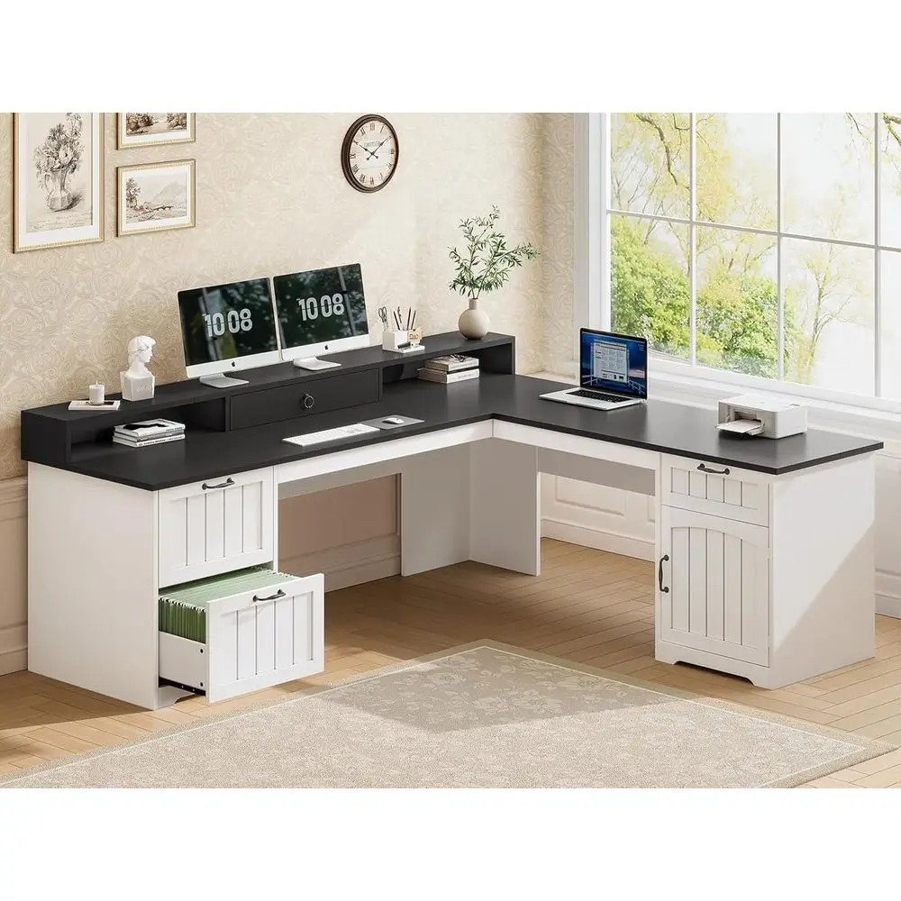 63-inch L-Shaped Desk with Drawers, Office Desk with File Storage, Wooden Computer Desk with Storage, Home Office Desk with Moni