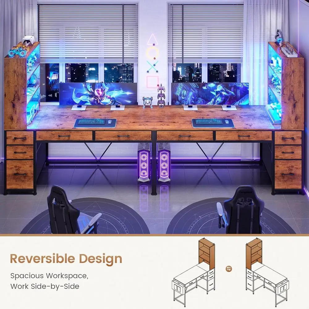 5-Drawer Rustic Brown Desk with Bookshelf and LED Lights, Compact Home Office Gaming Corner Desk with Storage Customized - Image 4