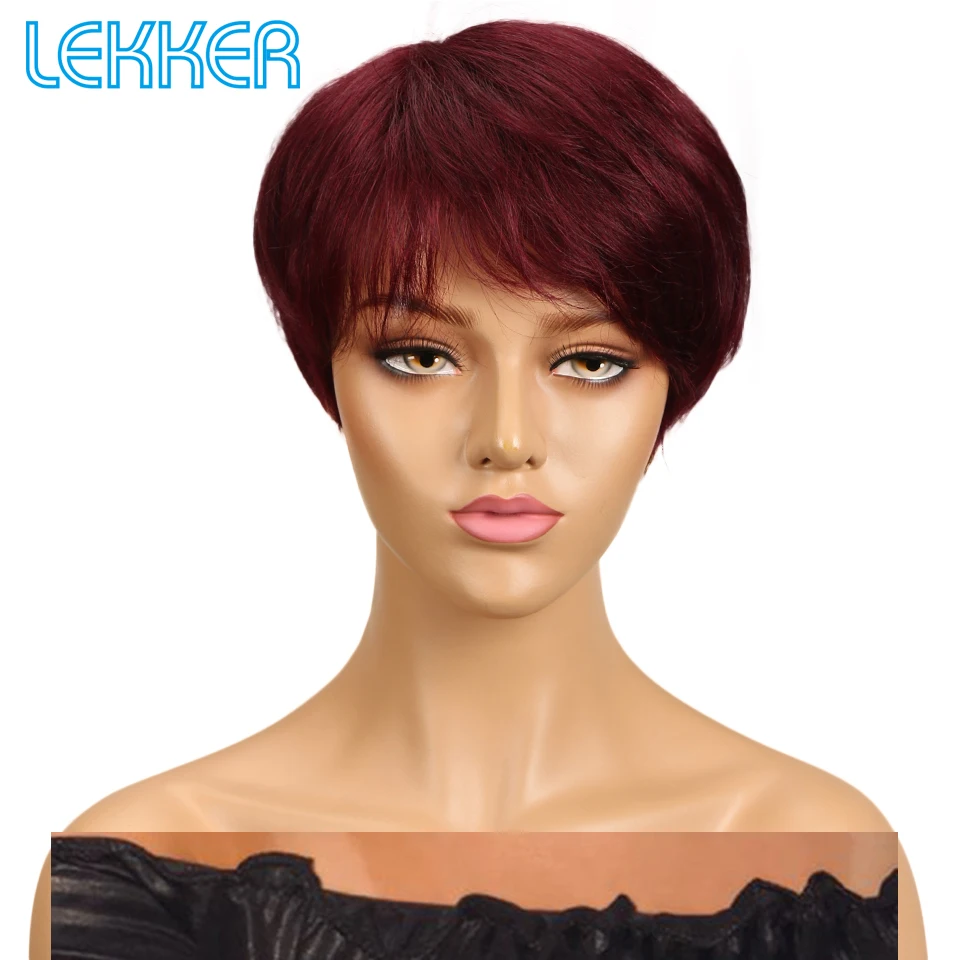 Lekker Colored Short Pixie Cut Straight Bob 100% Human Hair Wigs With Bangs For Women Brazilian Remy Hair Burgundy Red Clearance - Image 2