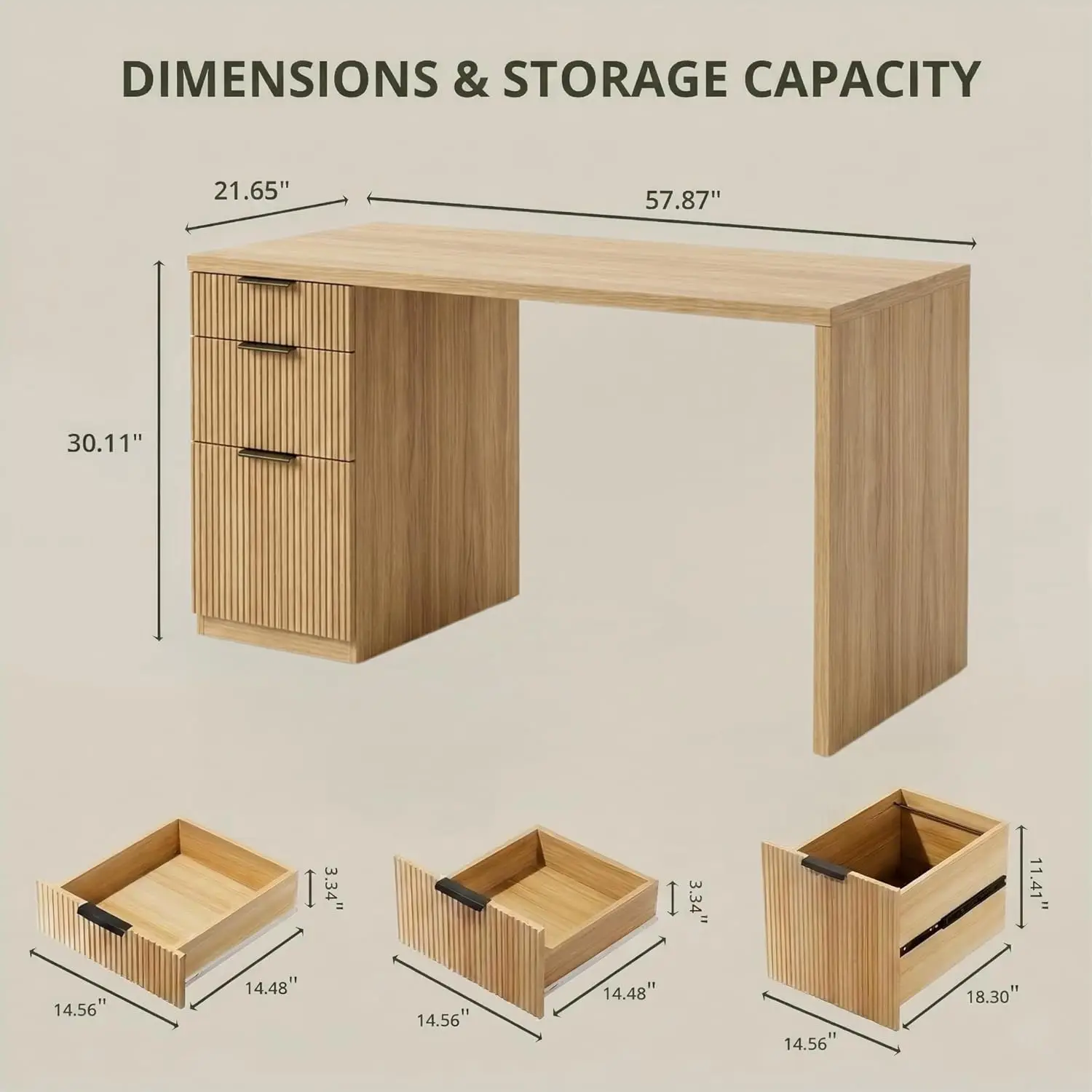 58" Executive Desk with Outlet, File Cabinet & 3 Drawers, Office Workstation Oak, Customized - Image 3