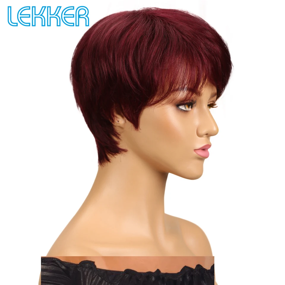 Lekker Colored Short Pixie Cut Straight Bob 100% Human Hair Wigs With Bangs For Women Brazilian Remy Hair Burgundy Red Clearance - Image 3