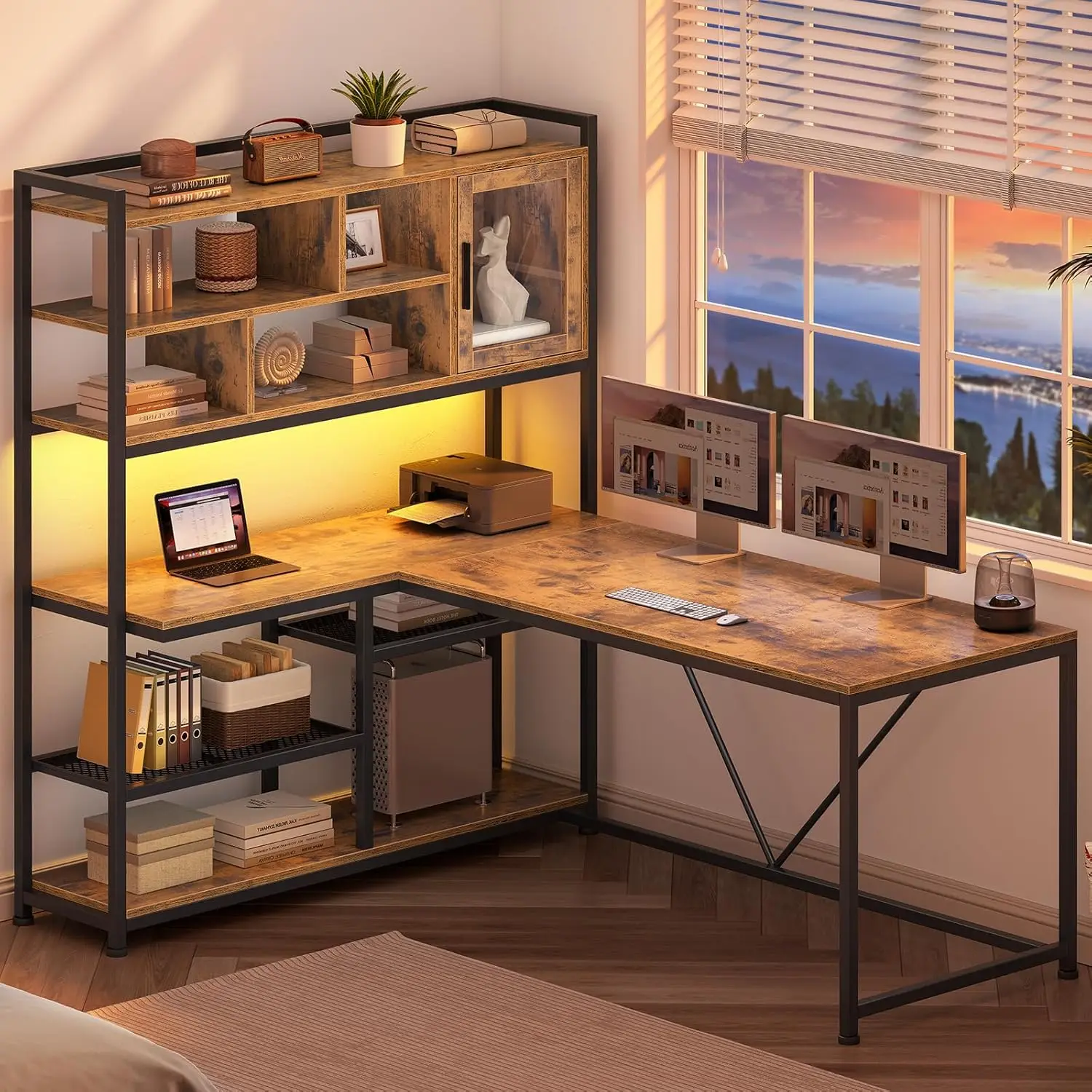 L Shaped Computer Desk, 58'' Office Desk with LED Light and Bookshelf, L Shaped Corner Desk with Storage Shelves, Customized - Image 3