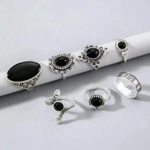 7pcs Vintage Alloy Black Stone Snake Geometric Oval Ring Set For Women Party Gift