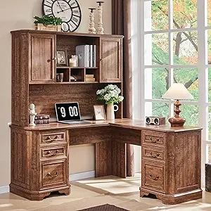 59" L Shaped Executive Desk with Hutch,Farmhouse Wood Computer Desk, Featuring Charging Station,File Drawer, Storage Cabinet,fo - Image 7