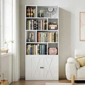 Bookcase with Doors, Tall Bookshelf with Storage, Bookshelves and Bookcases with 8 Open Cubes for Living Room, Bedroom, Office