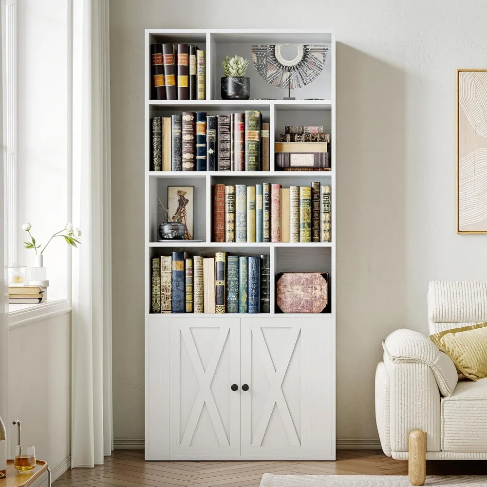 Bookcase with Doors, Tall Bookshelf with Storage, Bookshelves and Bookcases with 8 Open Cubes for Living Room, Bedroom, Office