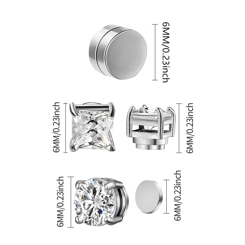 3 Pairs Crystal Strong Magnetic Ear Stud Clip Earrings for Men and Women Punk Round Zircon Magnet Earrings Non Piercing Jewelry - Image 5