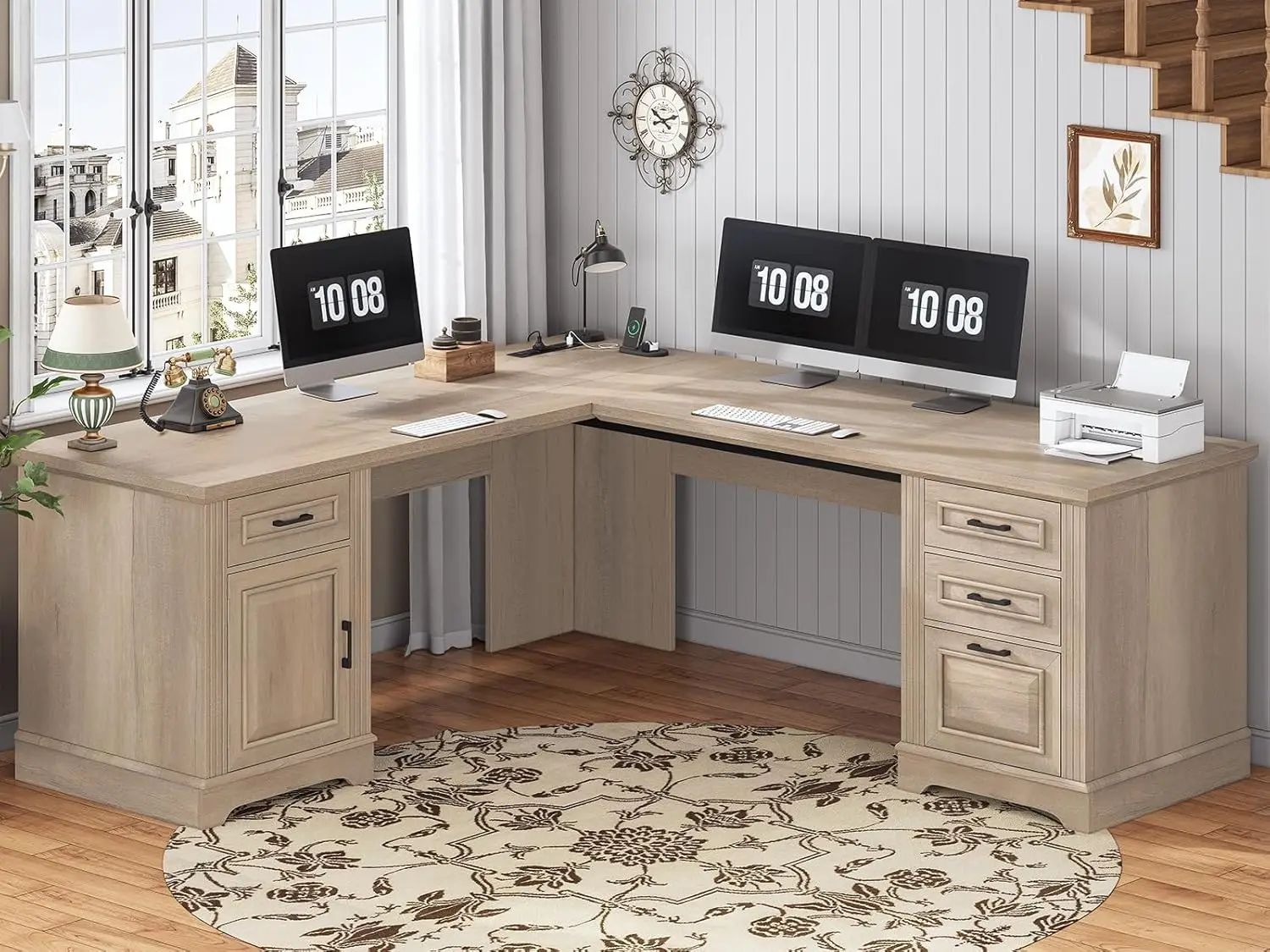 69" L Shaped Desk With Drawers Storage File Cabinet Power Outlet Home Office Grey, Customized - Image 7