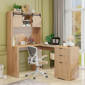 68" L Shaped Fluted Office Desk with Hutch,3 Drawers,Sliding Doors,File Cabinet,Charging Station,Light Strip,Oak,Customized
