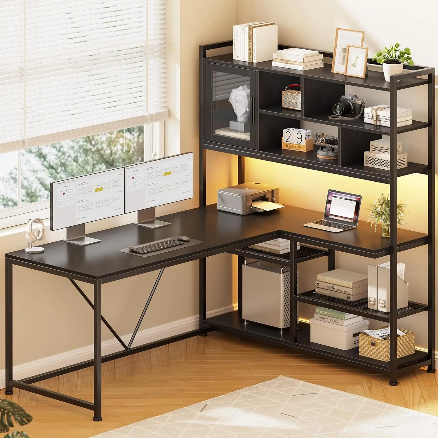 L Shaped Computer Desk, 58'' Office Desk with LED Light and Bookshelf, L Shaped Corner Desk with Storage Shelves, Customized - Image 7