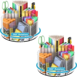 Acrylic Desk Organizer Clear Pen Holder 2 Packs, Rotating Lazy Susan Organizer for School Supplies with Dividers