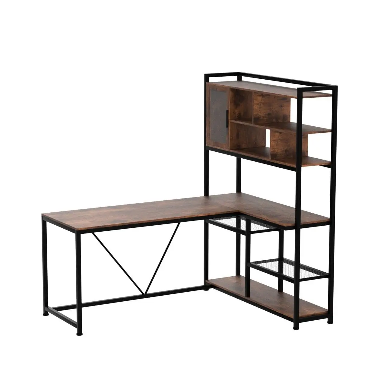 L Shaped Computer Desk, 58'' Office Desk with LED Light and Bookshelf, L Shaped Corner Desk with Storage Shelves, Customized - Image 4