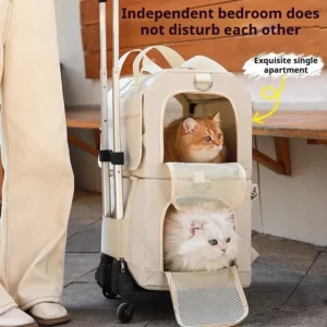 Double Layer Breathable Pet Carrier with Wheels Foldable Outdoor Travel Cat Trolley Case for Two Cats Portable Pet Trolley bag