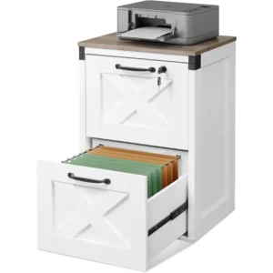2 Drawer File Cabinet with Lock, Wood Farmhouse Filing Cabinet for Home Office, Printer Stand Fits Letter and A4 Size