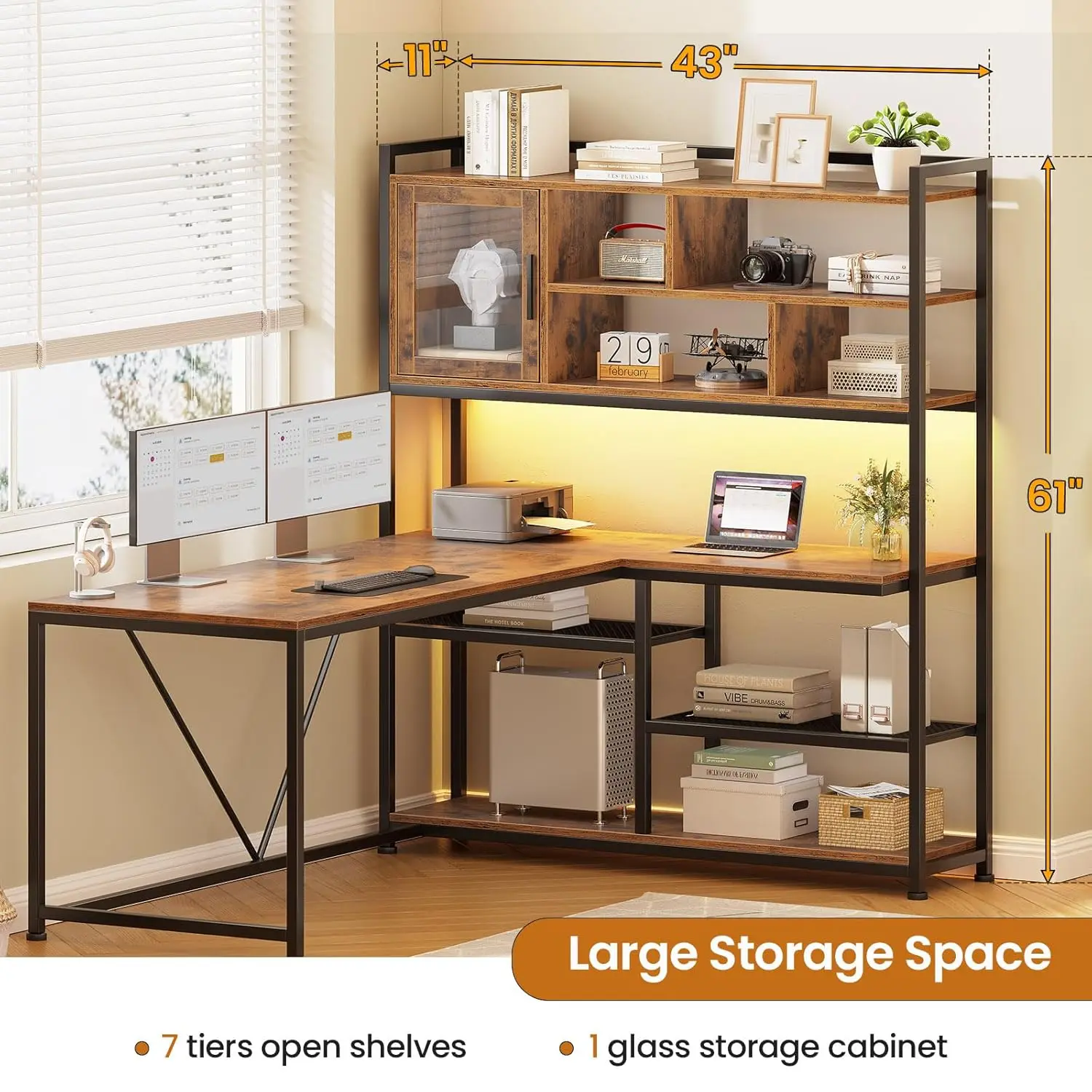 L Shaped Computer Desk, 58'' Office Desk with LED Light and Bookshelf, L Shaped Corner Desk with Storage Shelves, Customized - Image 2