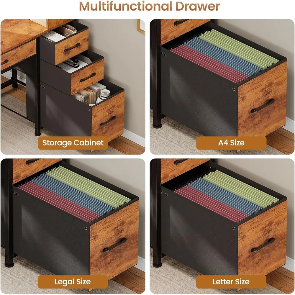 5-Drawer Rustic Brown Desk with Bookshelf and LED Lights, Compact Home Office Gaming Corner Desk with Storage Customized - Image 5