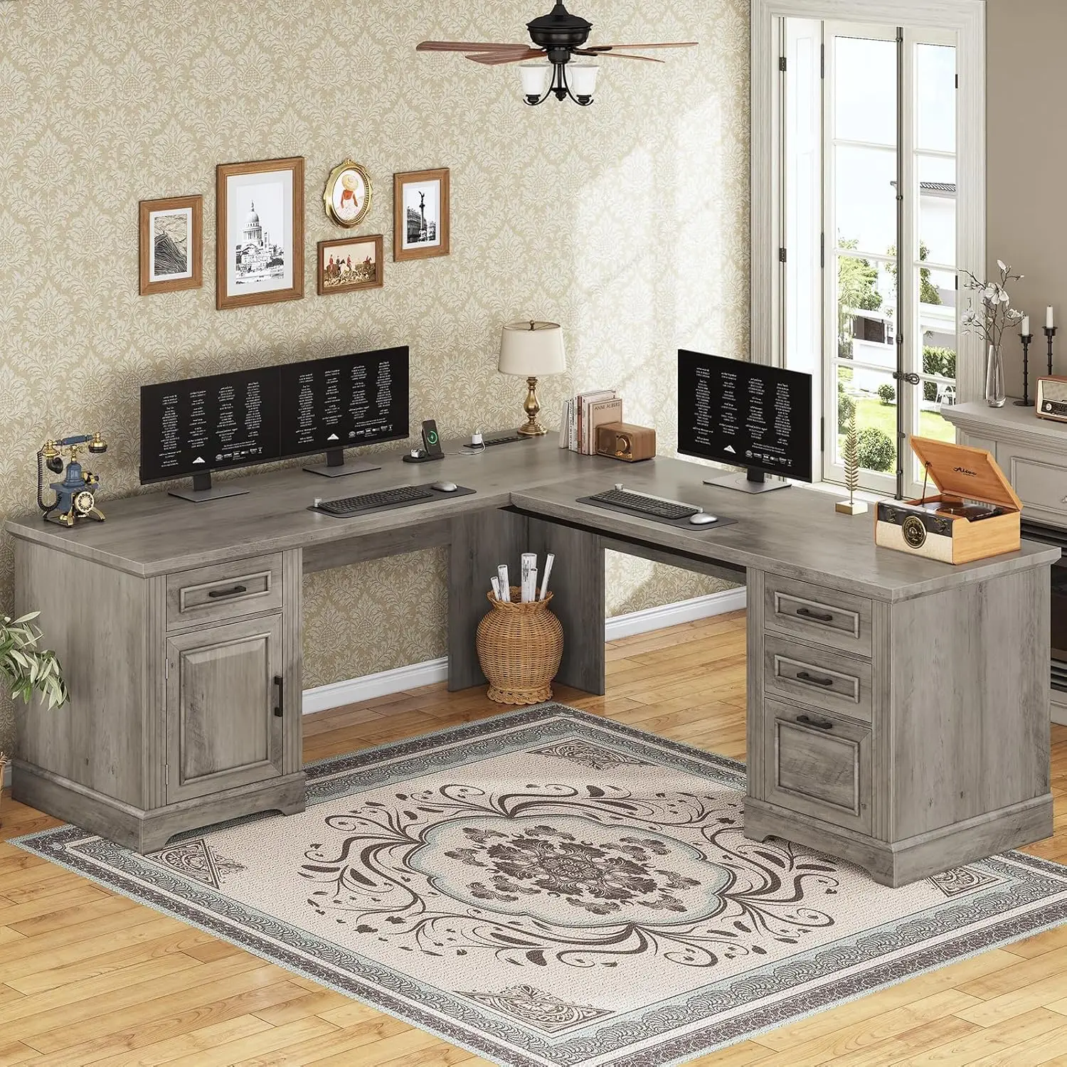 69" L Shaped Desk With Drawers Storage File Cabinet Power Outlet Home Office Grey, Customized - Image 3