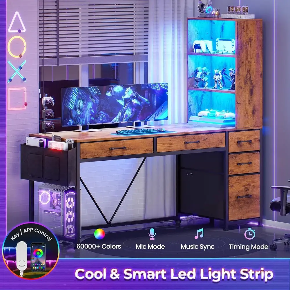 5-Drawer Rustic Brown Desk with Bookshelf and LED Lights, Compact Home Office Gaming Corner Desk with Storage Customized - Image 6