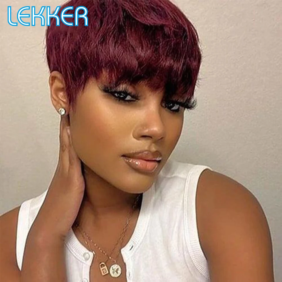 Lekker Colored Short Pixie Cut Straight Bob 100% Human Hair Wigs With Bangs For Women Brazilian Remy Hair Burgundy Red Clearance - Image 10
