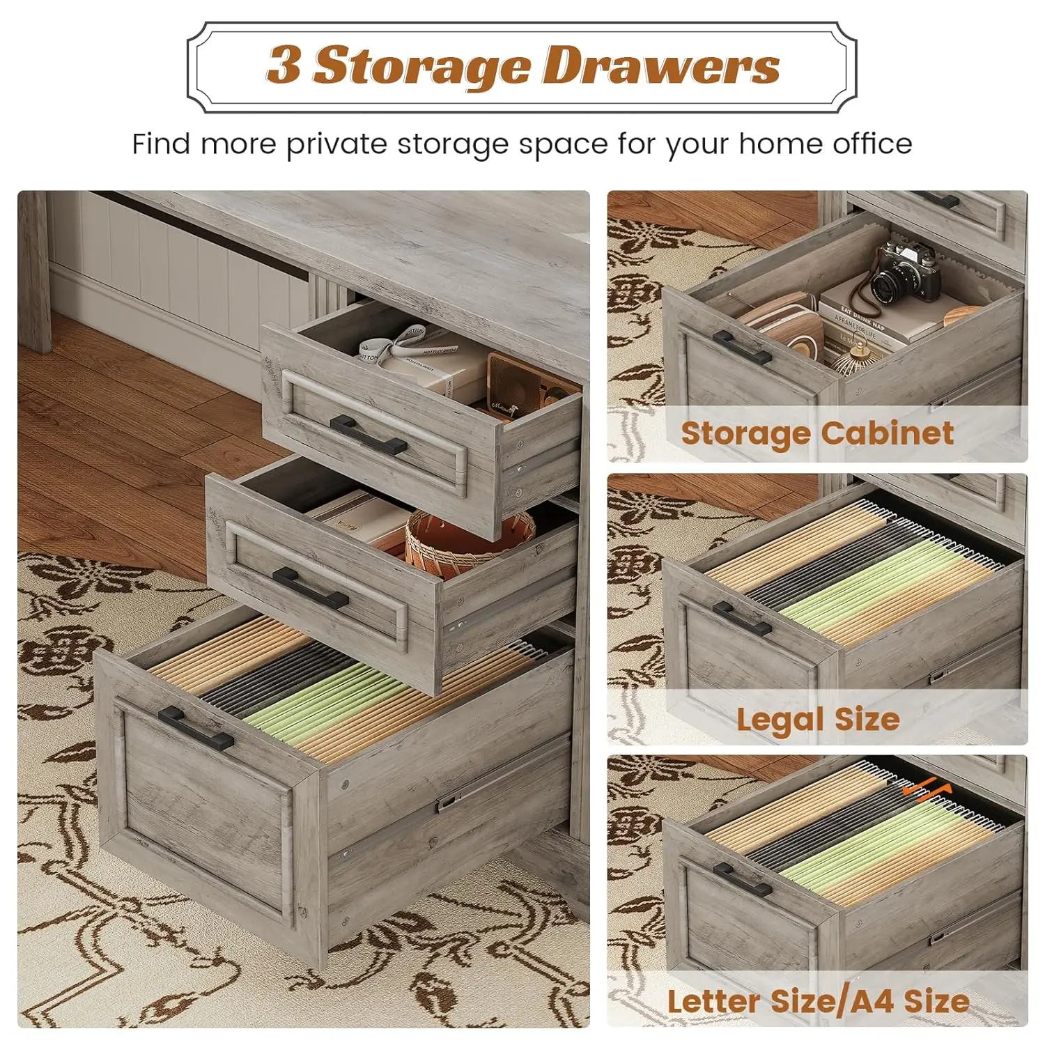 69" L Shaped Desk With Drawers Storage File Cabinet Power Outlet Home Office Grey, Customized - Image 5