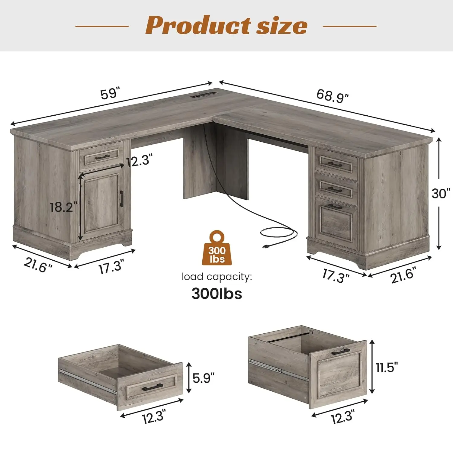 69" L Shaped Desk With Drawers Storage File Cabinet Power Outlet Home Office Grey, Customized - Image 2