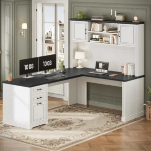 SEDETA Farmhouse L Shaped Desk with Hutch and 3 Drawers, 68.9" Executive Office Desk with File Drawer and Power Outlet,
