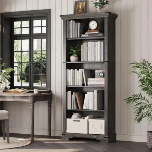 61.1 Tall 5-Tier Bookshelf with Storage, Adjustable Shelf, Unique Design for Home Office, Living Room, Bedroom - Black