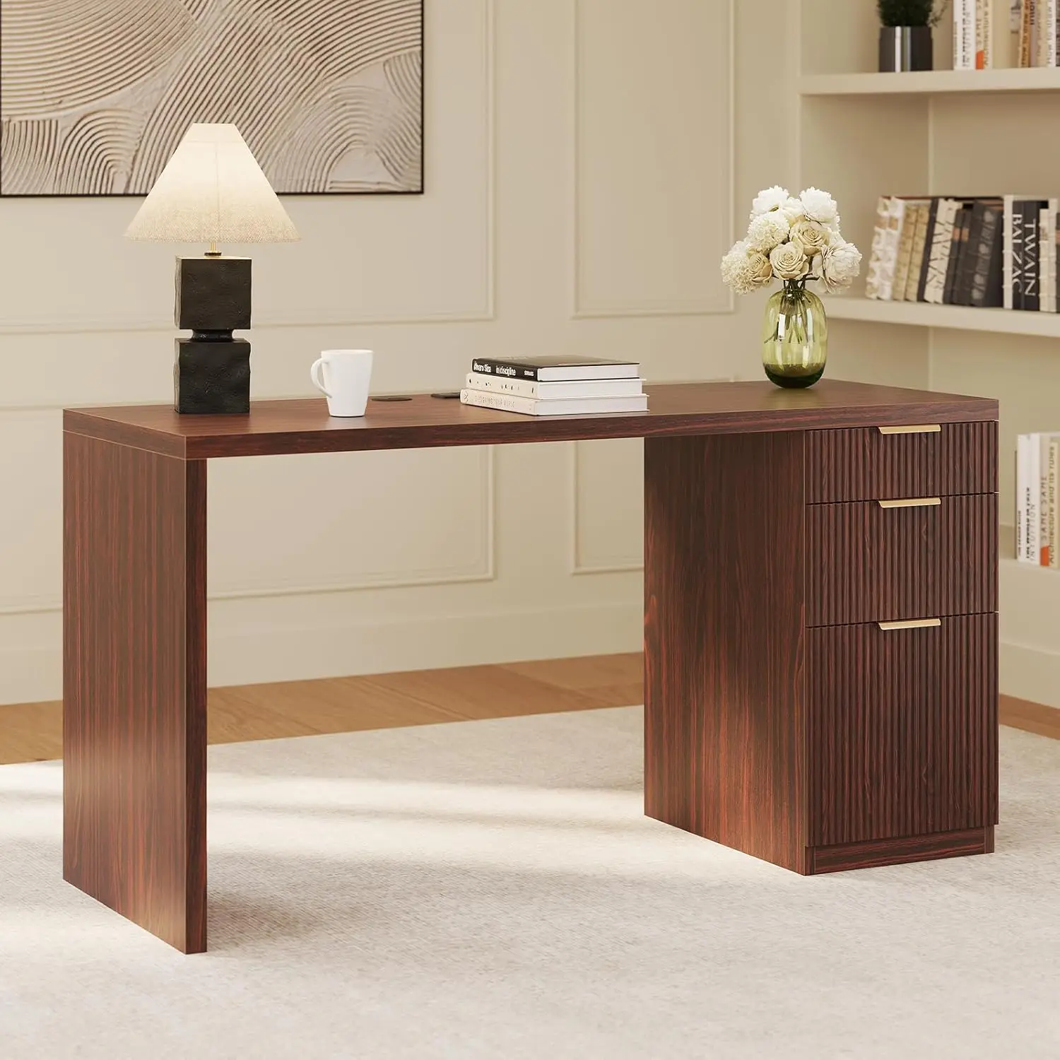 58" Executive Desk with Outlet, File Cabinet & 3 Drawers, Office Workstation Oak, Customized - Image 8
