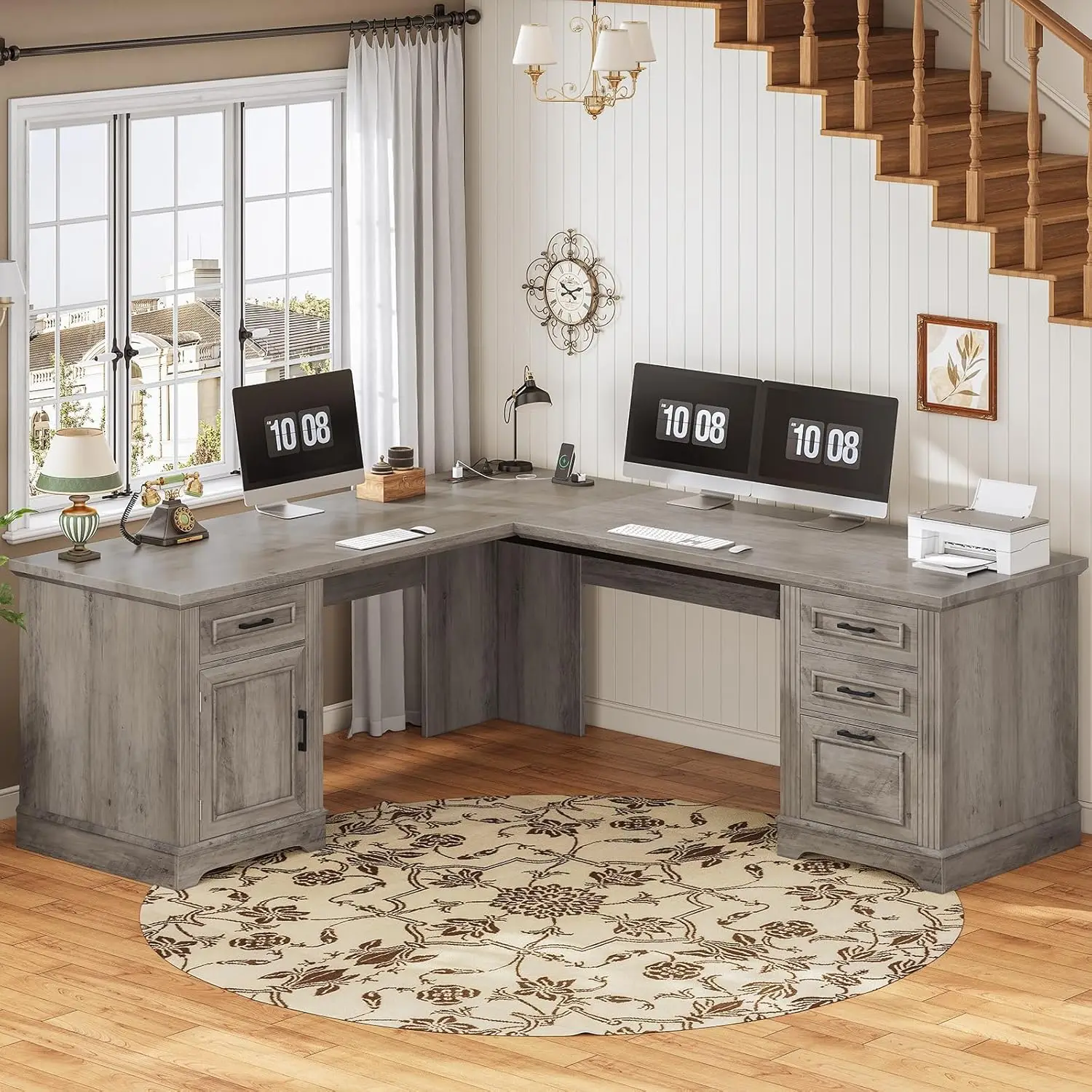 69" L Shaped Desk With Drawers Storage File Cabinet Power Outlet Home Office Grey, Customized