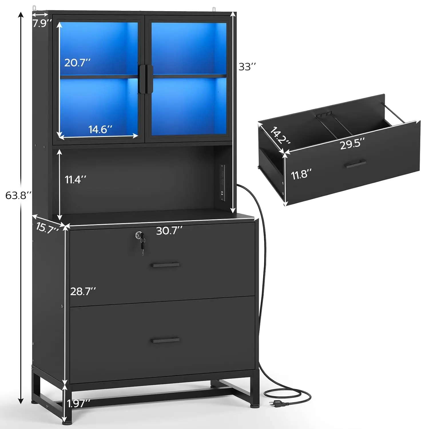 2 Drawer Wood File Cabinet with Lock And Charging Station Filing Cabinet for Letter Legal A4 Size Customized Office Furniture - Image 2