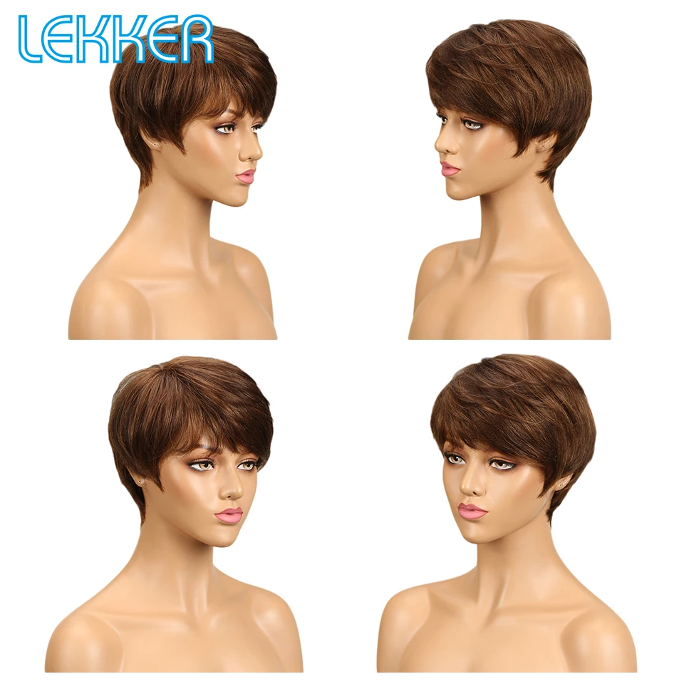 Lekker Colored Short Pixie Cut Straight Bob 100% Human Hair Wigs With Bangs For Women Brazilian Remy Hair Burgundy Red Clearance - Image 7