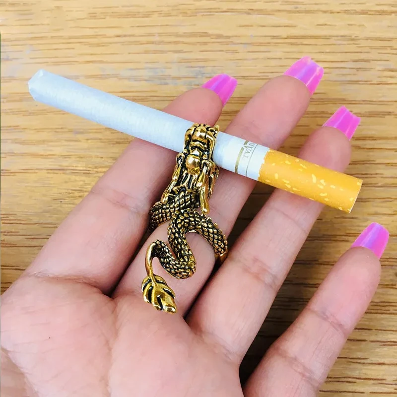 Vintage Personality Gold-Plated Cigarette Holder Ring of Cigarette Holder Bracket Chinese Dragon Rings for Men Party Jewelry - Image 4